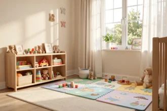 Salle de crèche lumineuse avec tapis de jeu et jouets en bois