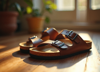 Sandales Birkenstock éclairées par le soleil sur un sol en bois
