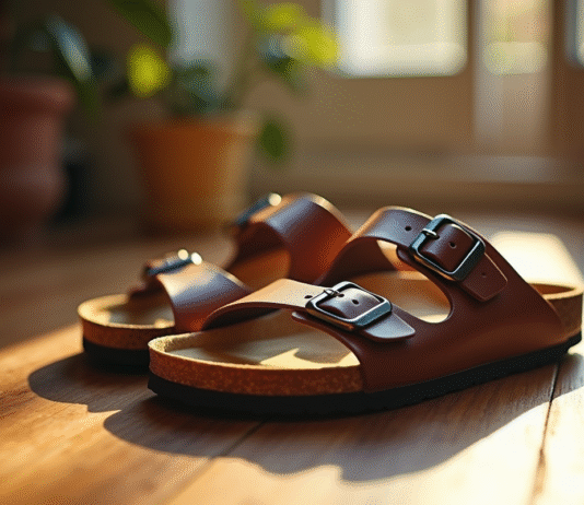 Sandales Birkenstock éclairées par le soleil sur un sol en bois