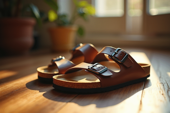 Sandales Birkenstock éclairées par le soleil sur un sol en bois