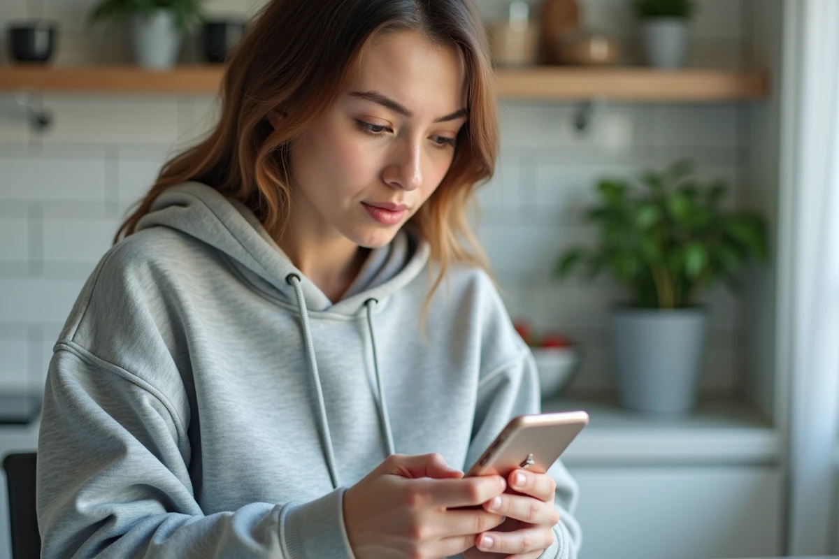 Femme vérifiant la sécurité du paiement en ligne sur smartphone pour un achat de cartes Pokémon