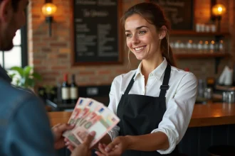 Serveuse de bistro français acceptant un pourboire en euros au comptoir, illustration du concept de tip et pourboire