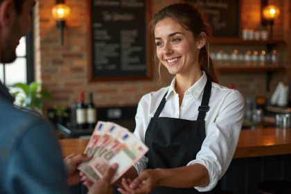 Serveuse de bistro français acceptant un pourboire en euros au comptoir, illustration du concept de tip et pourboire