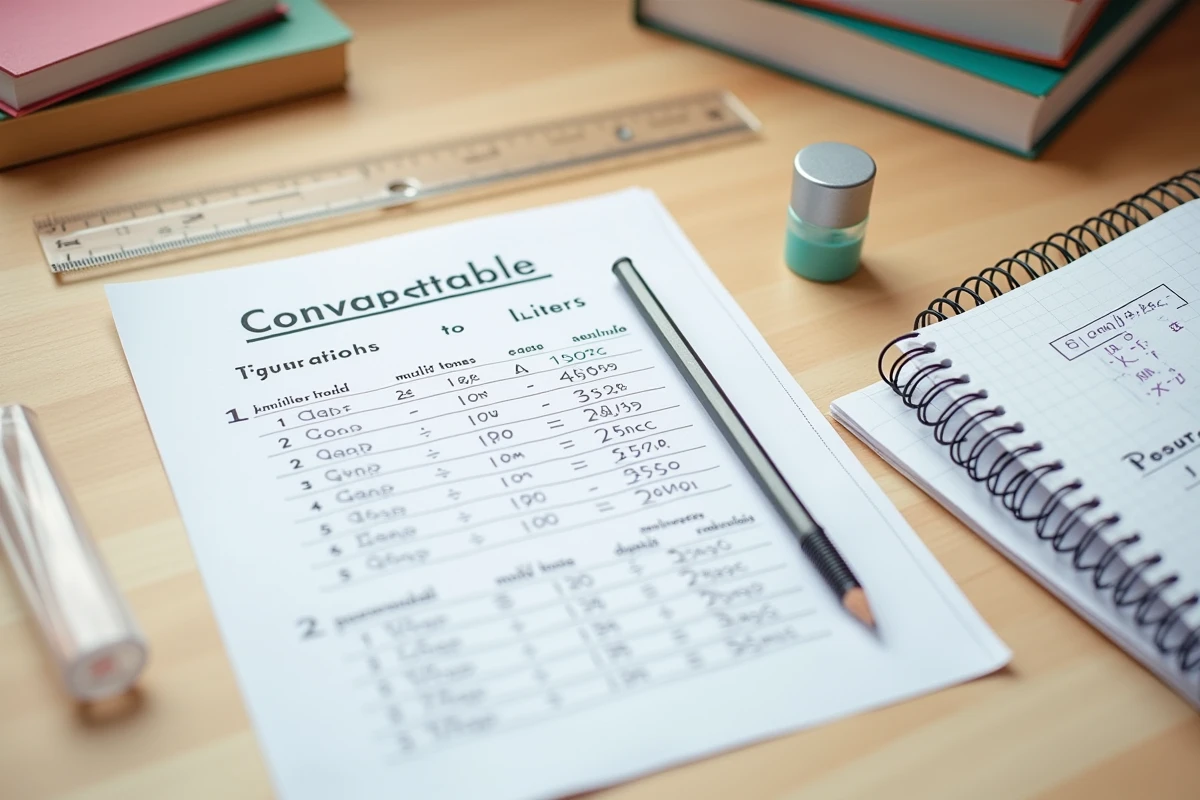 Tableau de conversion millilitres en litres imprimé posé sur un bureau scolaire avec matériel de cours et bouteille 600 ml