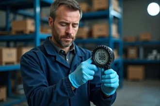 Technicien automobile mesurant la pression des pneus avec un manomètre affichant bar et psi dans un garage professionnel