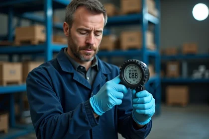 Technicien automobile mesurant la pression des pneus avec un manomètre affichant bar et psi dans un garage professionnel