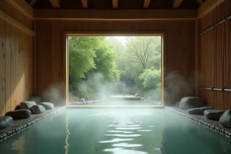 Intérieur d'un bain thermal japonais traditionnel avec piscine en bois et vapeur montante