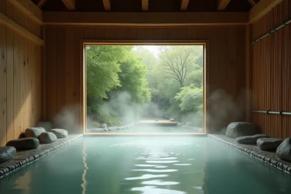 Intérieur d'un bain thermal japonais traditionnel avec piscine en bois et vapeur montante