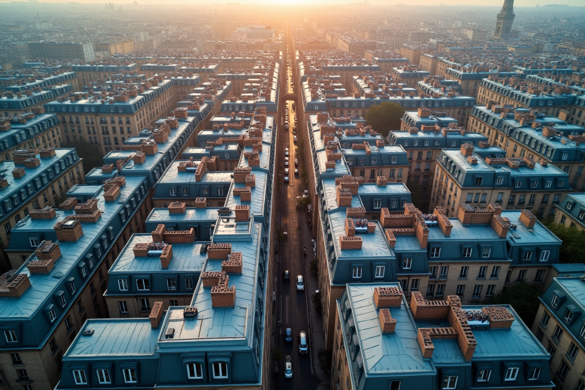 Vue aérienne des toits de Paris avec numéros de code postal bien nets