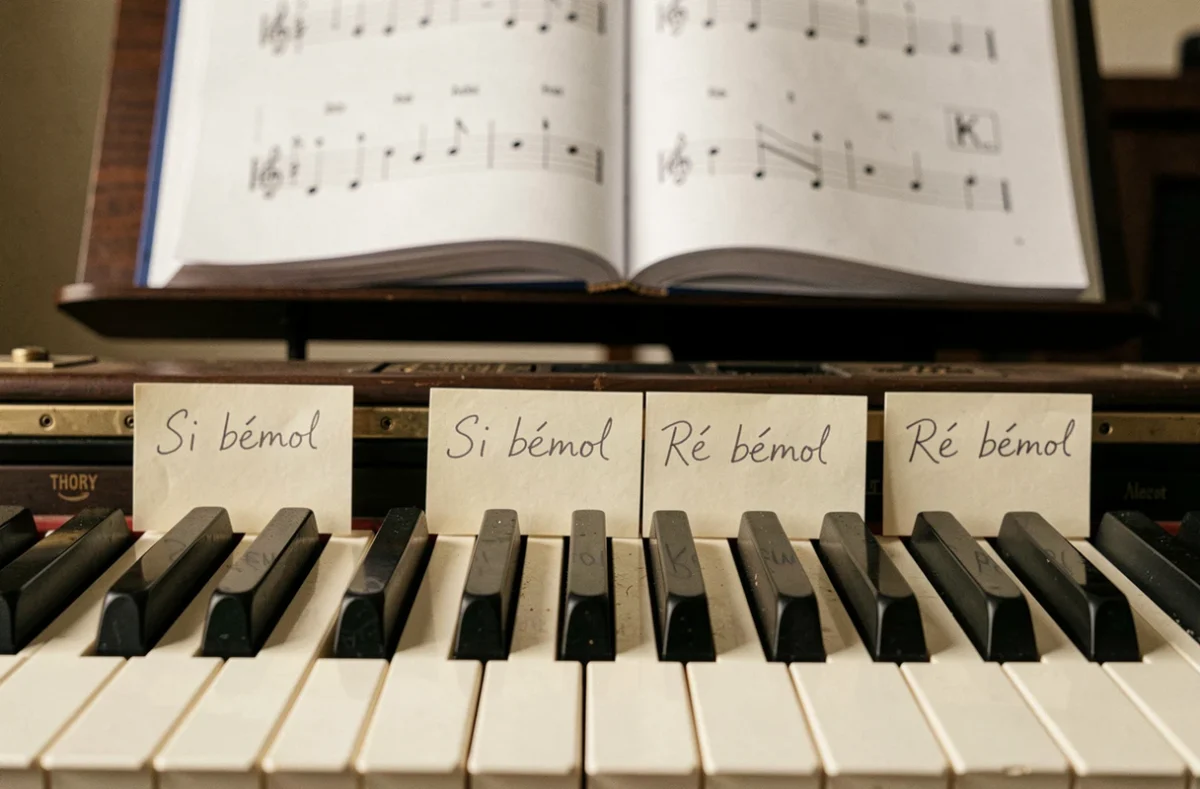 Gros plan sur les touches d'un piano avec des étiquettes manuscrites indiquant les noms des notes à bémol, notamment le si bémol, posées sur le clavier