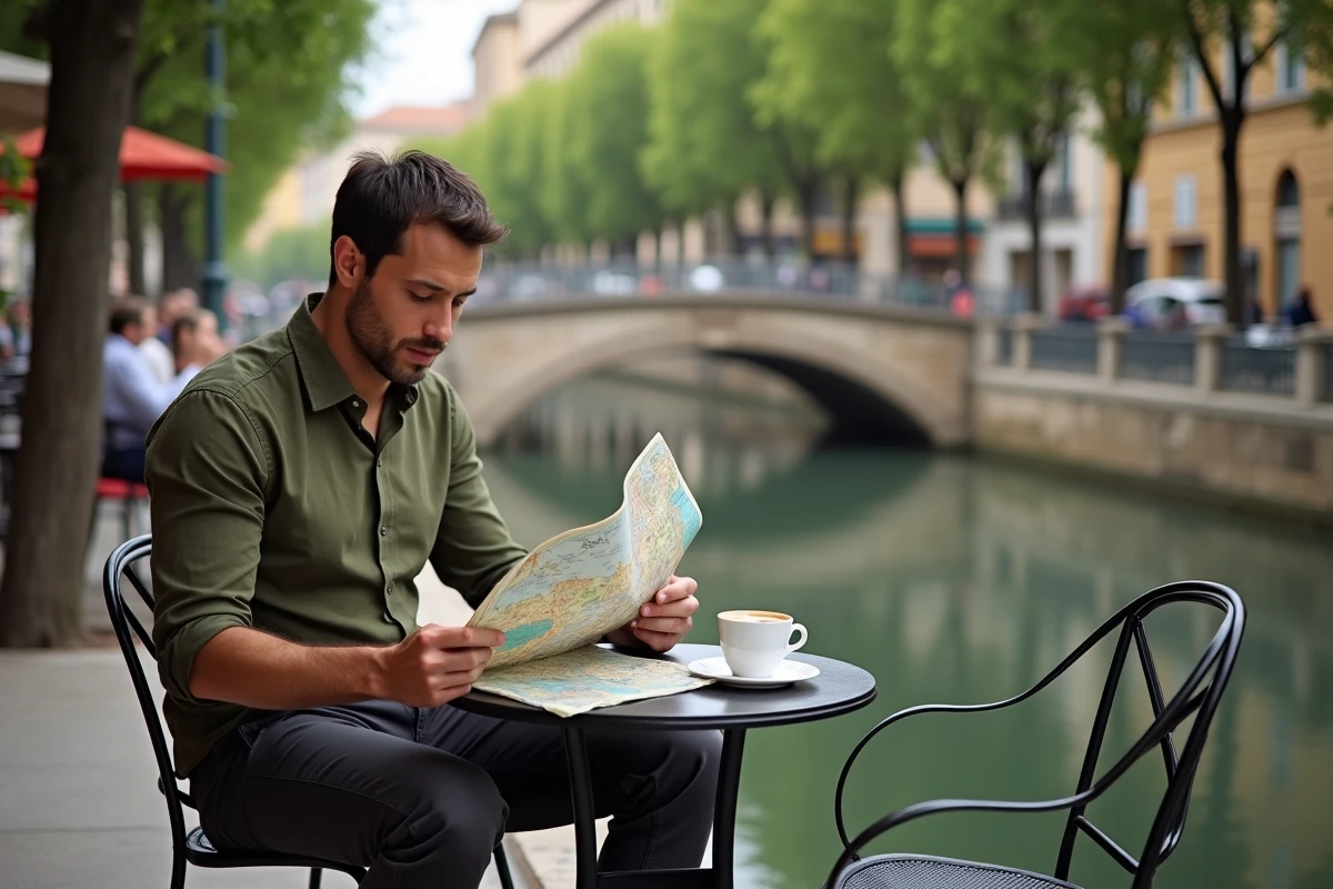 Touriste étudiant un plan de Narbonne assis en terrasse de café avec le Canal de la Robine en arrière-plan