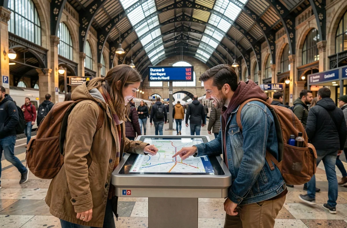 Groupe de touristes utilisant une borne interactive du plan RER dans le hall de la Gare du Nord à Paris