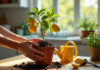 Main transplantant un citronnier en pot dans la cuisine
