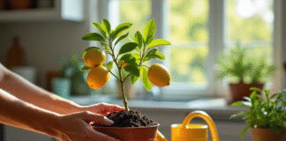 Main transplantant un citronnier en pot dans la cuisine
