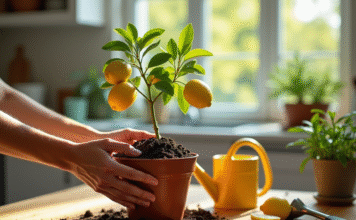 Facilitez-vous la vie : le secret d’un rempotage réussi de votre citronnier Main transplantant un citronnier en pot dans la cuisine