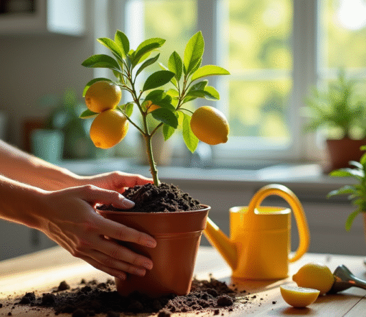 Main transplantant un citronnier en pot dans la cuisine
