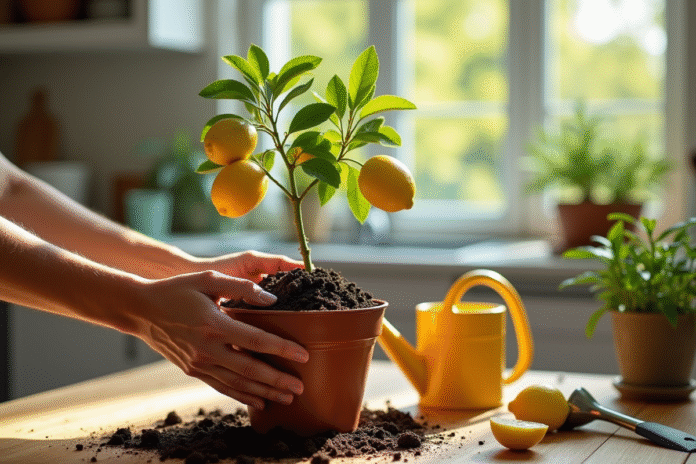 Main transplantant un citronnier en pot dans la cuisine
