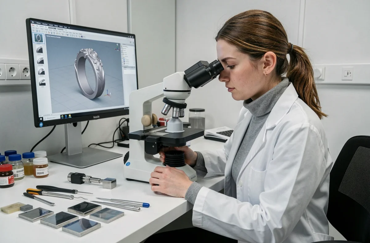 Technicienne de Trevialab analysant un prototype de bijou en résine sous microscope numérique dans le laboratoire