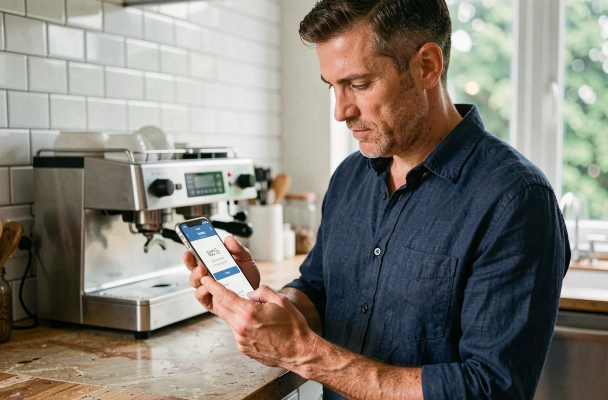Homme vérifiant une confirmation de paiement sur smartphone lors d'un achat en ligne depuis sa cuisine