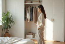 Femme devant placard organisé dans une chambre lumineuse