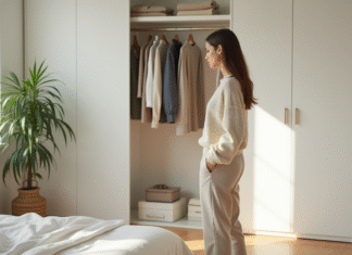 Garde-robe minimaliste : nombre idéal de pièces à posséder Femme devant placard organisé dans une chambre lumineuse