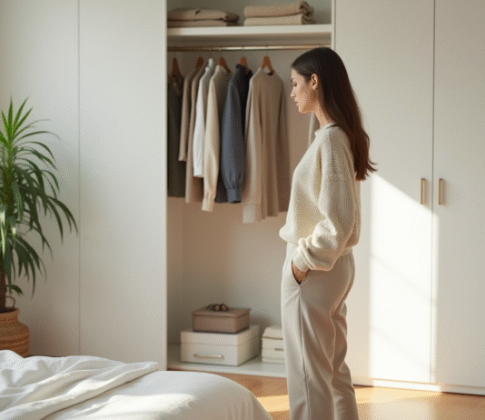 Femme devant placard organisé dans une chambre lumineuse
