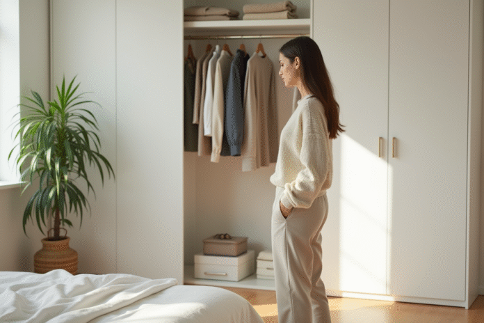 Femme devant placard organisé dans une chambre lumineuse
